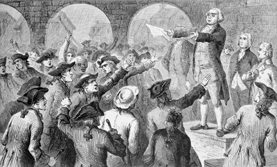 John Lamb Speaking at the Sons of Liberty Meeting at New York City Hall Concerning the Landing of British Tea in New York, December 17th 1773, engraved by John Karst by American School